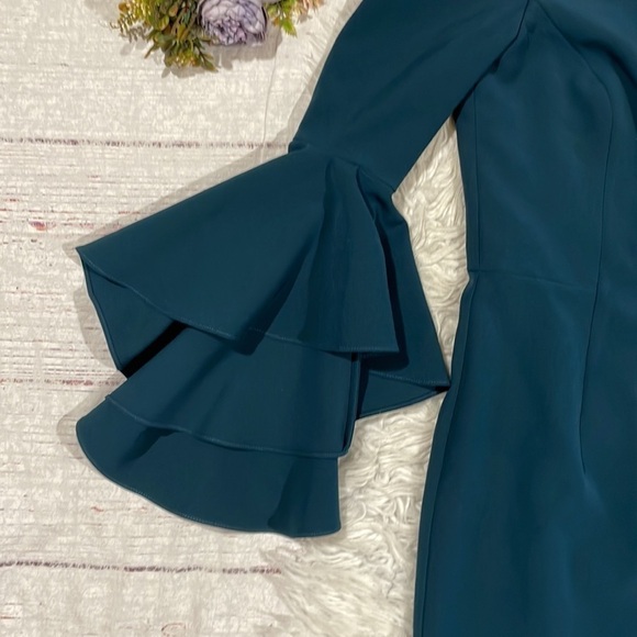Milly Selena Slit Off The Shoulder Ruffle Tiered Sleeve Dress In Teal - Picture 5 of 11